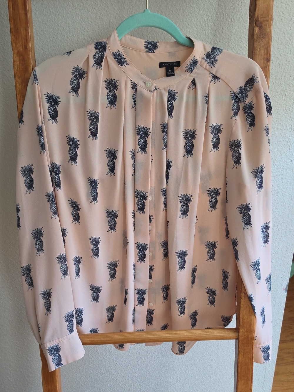 Ann Taylor Pale Pink Blouse with Navy Pineapple Print